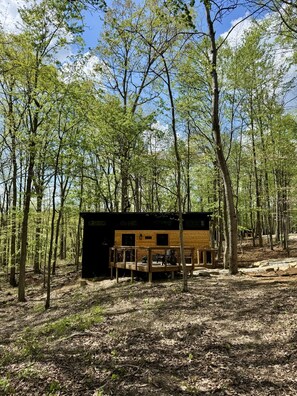 A cabin with a deck, surrounded by a forest.