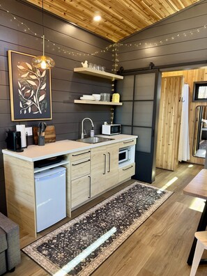 A modern kitchen with a built-in dishwasher, a sink, and a microwave. There is a wooden ceiling with exposed beams, a hanging light fixture, and a framed artwork on the wall. - The Birch Tiny House at Cyprus Trail (Rockbridge)