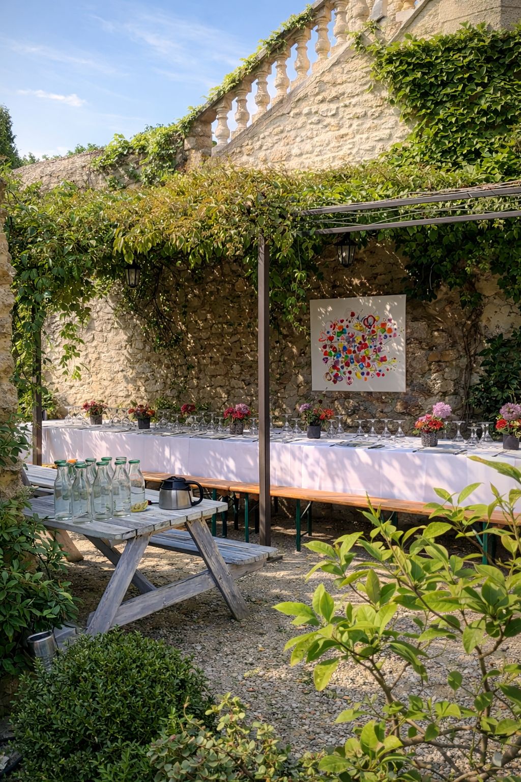 Un espace de restauration en plein air agrémenté d’un mur en pierre, d’une pergola en bois et d’une table dressée pour un repas.