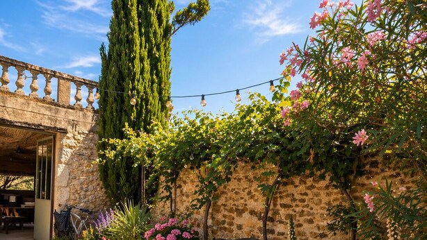 Un mur de pierre agrémenté d’un banc, de plantes en pot et d’une pergola illuminée de guirlandes lumineuses.