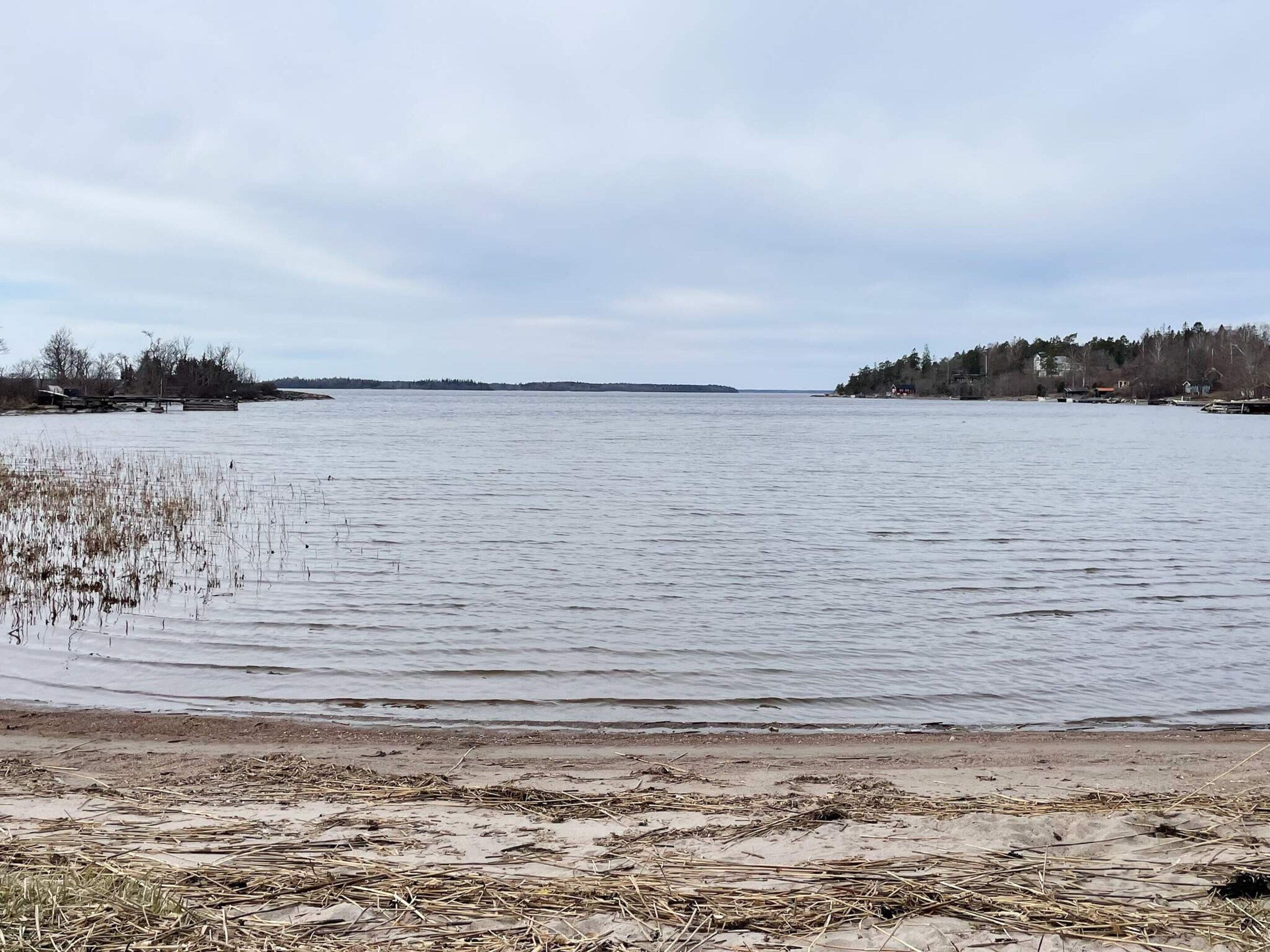 Um lago calmo com margem arenosa e vegetação escassa.