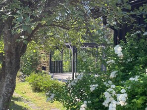 A garden with a pergola, a tree, and white flowering plants. - 4 Star Holiday Home in Grisslehamn (Grisslehamn)