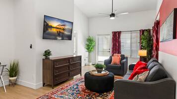 Smart TV, fireplace, foosball, table tennis