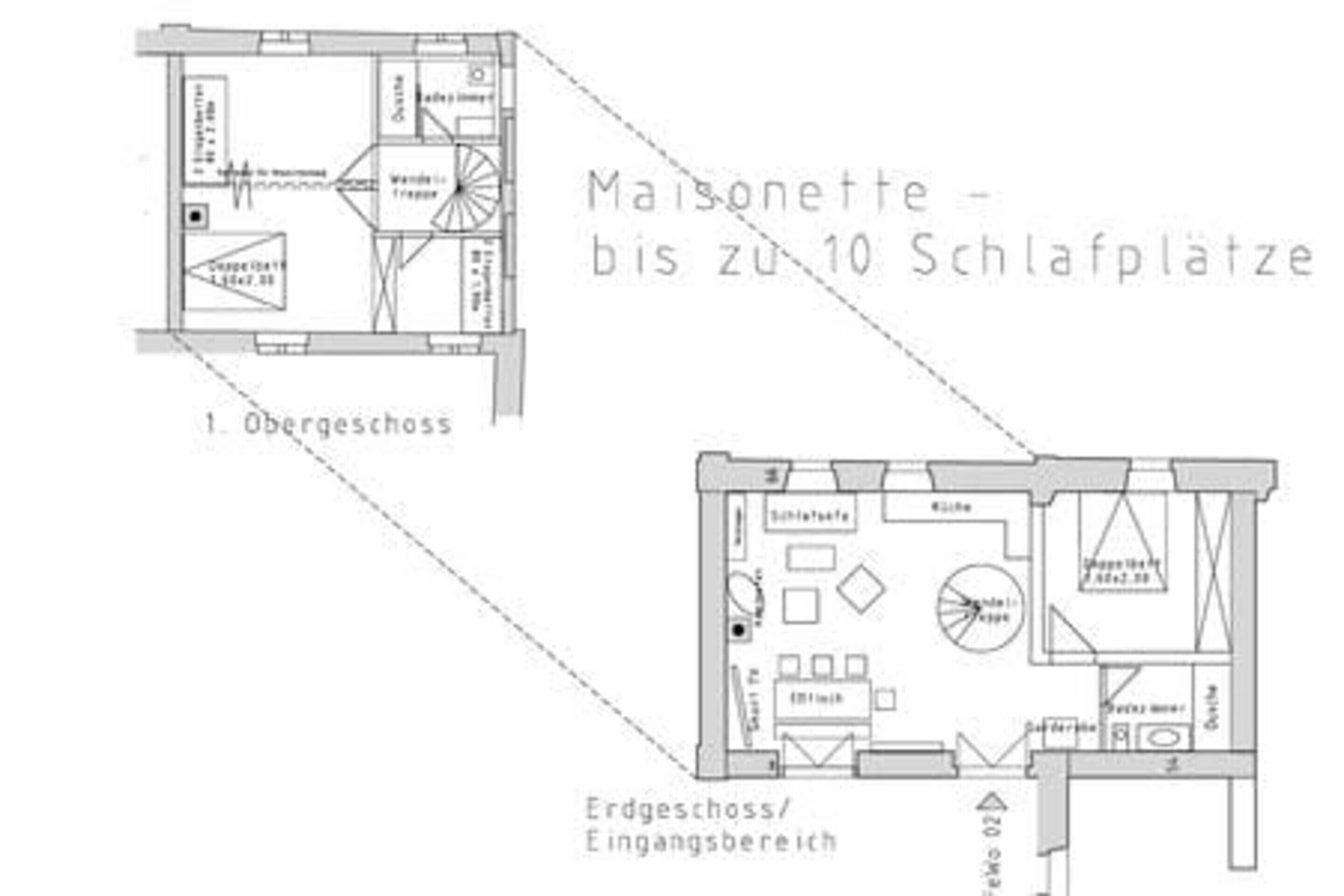 Een maisonette-indeling met 10 slaapkamers, inclusief een keuken, eetgedeelte en woonkamer.
