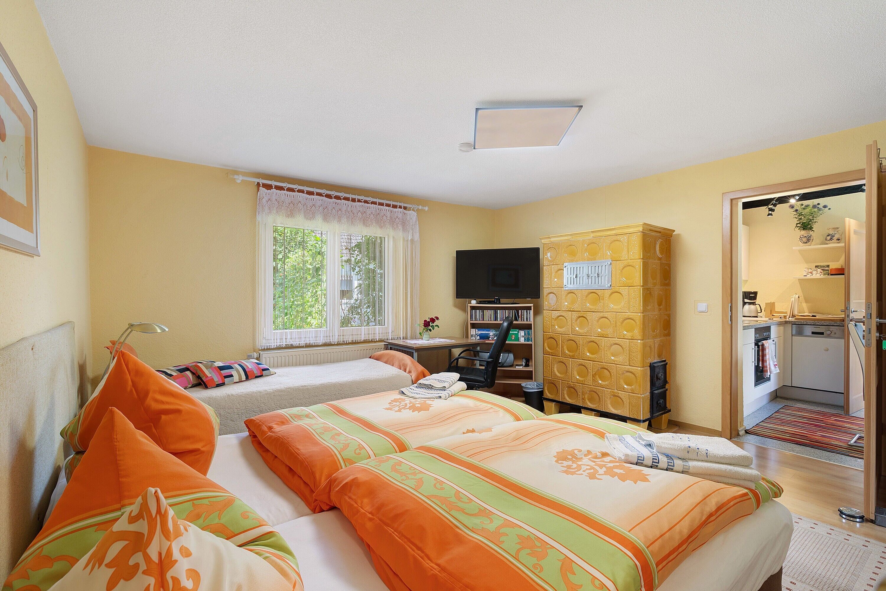 A bedroom with two beds, a television, a bookshelf, and a kitchen area.