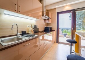 Eine moderne Küche mit Spüle aus Edelstahl, einem eingebauten Ofen und einem Fenster mit Blick auf einen Balkon.