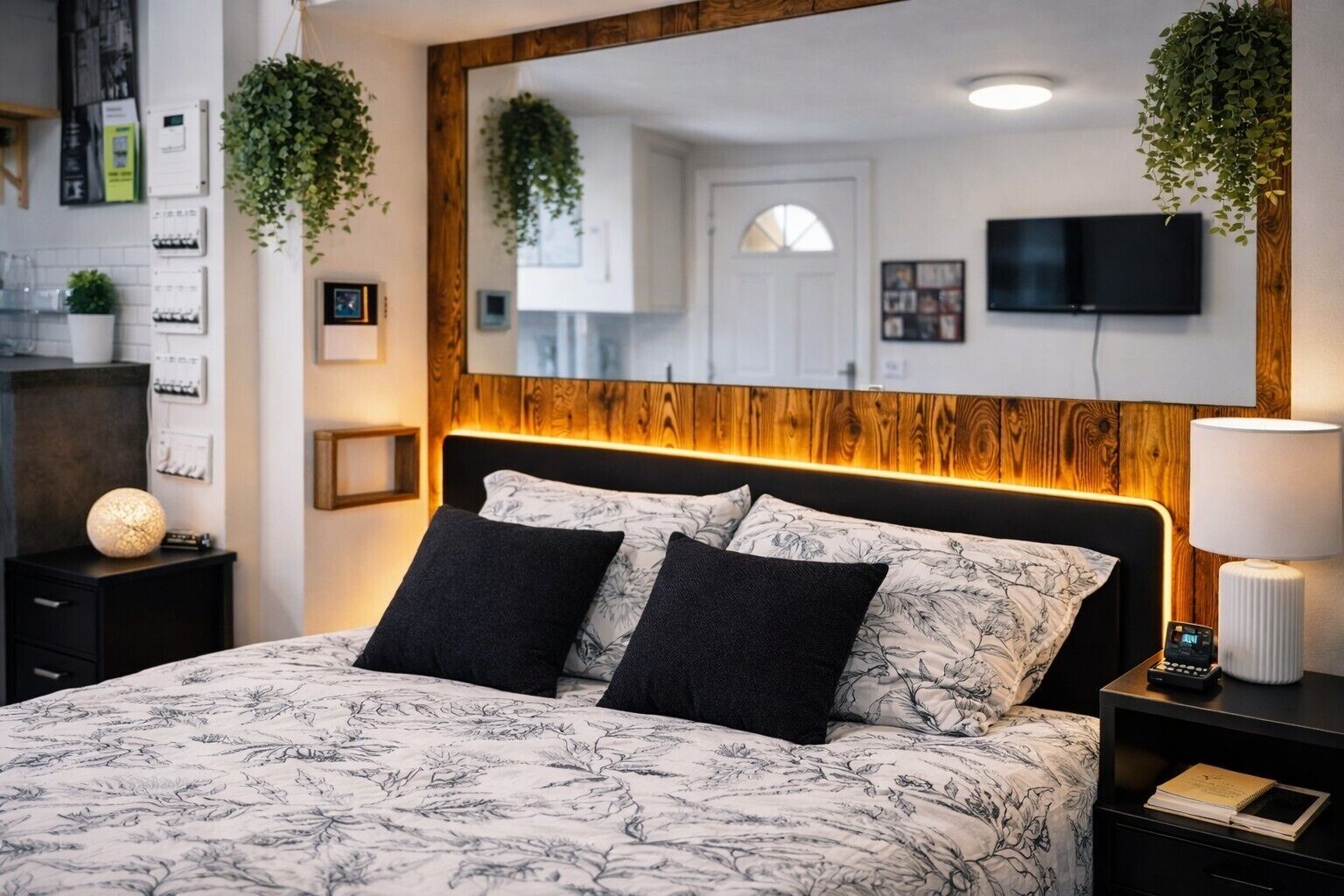 Un dormitorio con cama, mesitas de noche, un espejo, televisor y plantas en la pared.