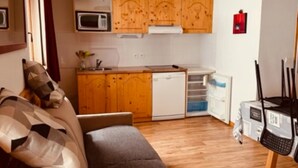 Un salon moderne avec un canapé, des meubles en bois, un four à micro-ondes et un petit coin cuisine.