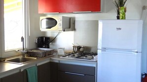 Una cocina compacta con estufa a gas, microondas, refrigerador y lavaplatos.