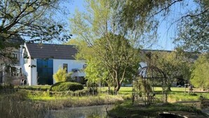 Uma casa moderna com um lago, rodeada por árvores e um espaço gramado.
