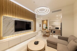 Apartment, Balcony, City View | Living area - Spacious 2BR with Burj Khalifa View (Dubai)