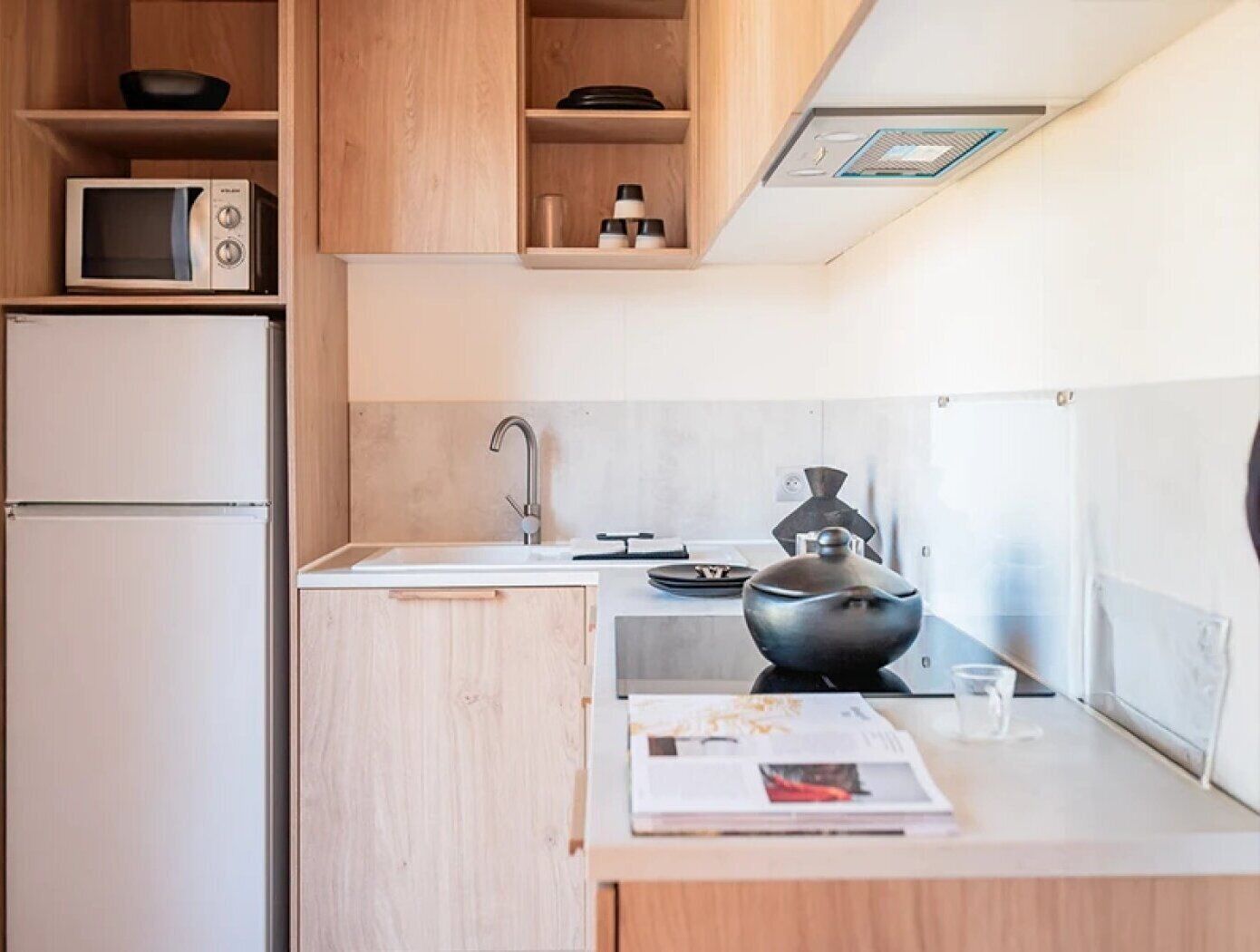 Frigorífico, microondas, placa de cocina y lavavajillas