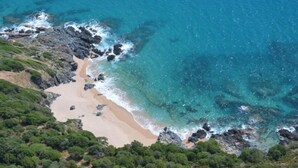 Luftaufnahme einer Küstenlandschaft mit Strand, felsiger Küstenlinie und dichter Vegetation.
