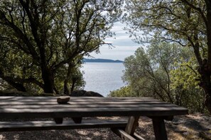 Une table de pique-nique avec un banc, entourée d’arbres et donnant sur une étendue d’eau.