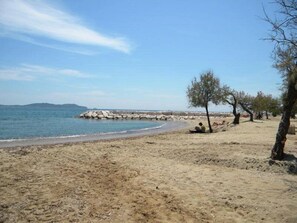 Ein sandiger Strand mit einem steinernen Wellenbrecher, vereinzelter Vegetation und blauem Himmel.