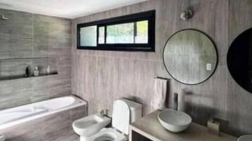 Shower, hair dryer, bidet, towels