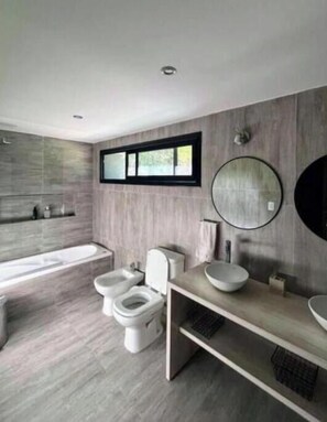 Shower, hair dryer, bidet, towels