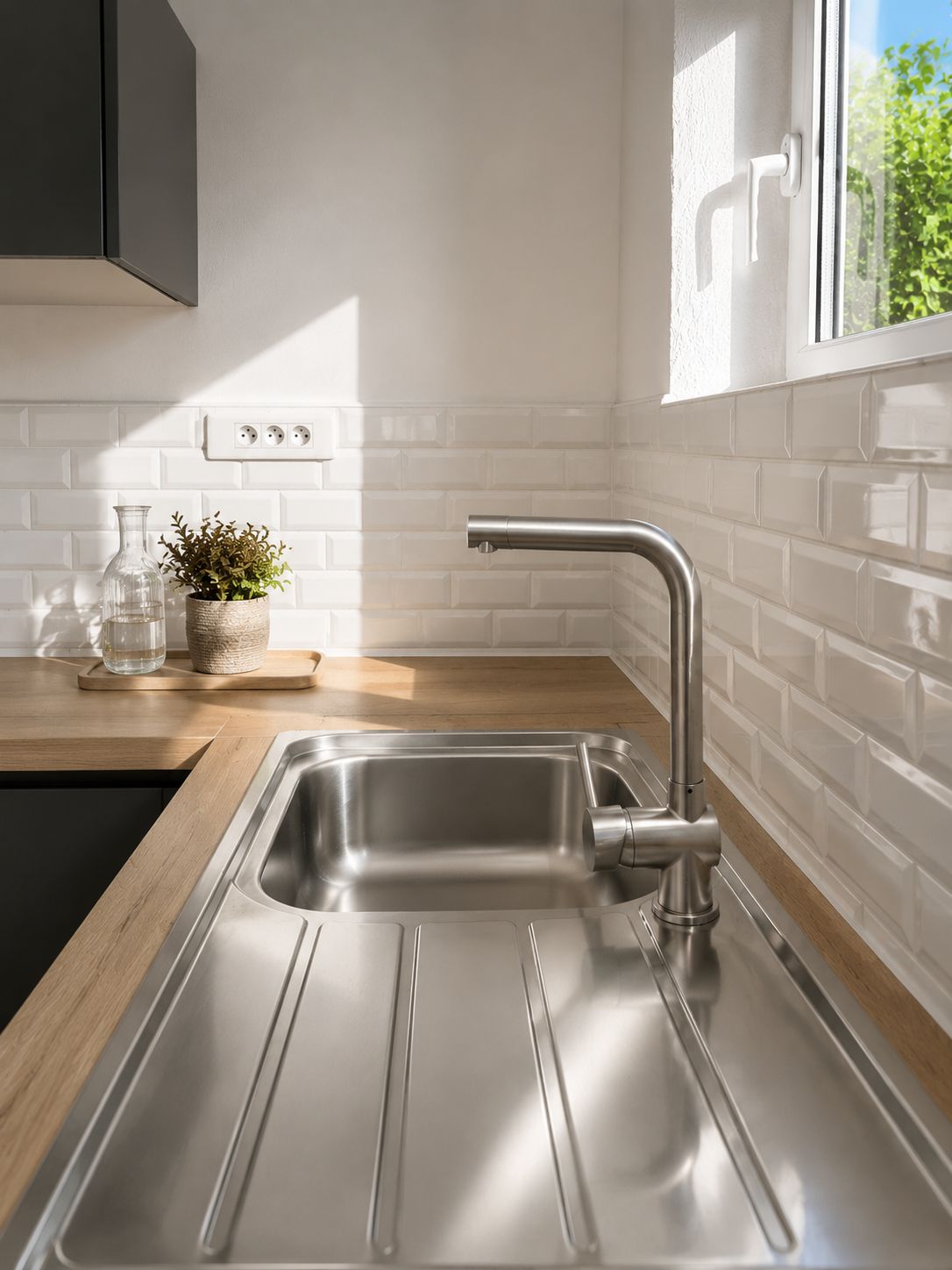 Una cocina moderna con un lavamanos de acero inoxidable, encimera de madera y una planta en maceta.