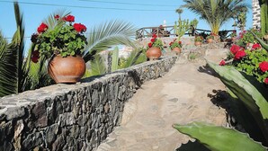 A stone pathway flanked by large terracotta pots with red flowers, leading to a building with a stone facade. - Seaview Holiday Home for 4 (Guia de Isora)