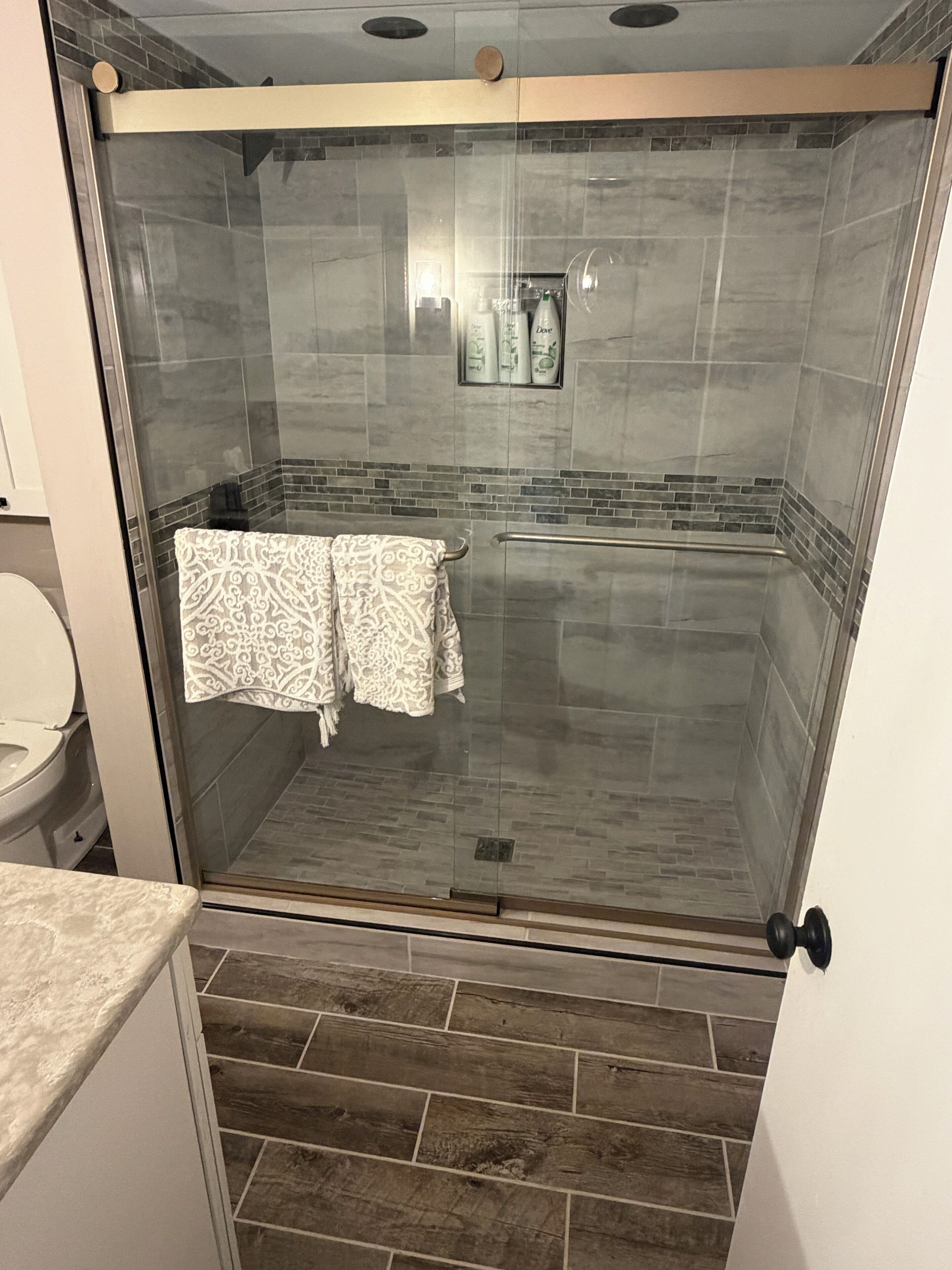 Shower, towels, soap, toilet paper