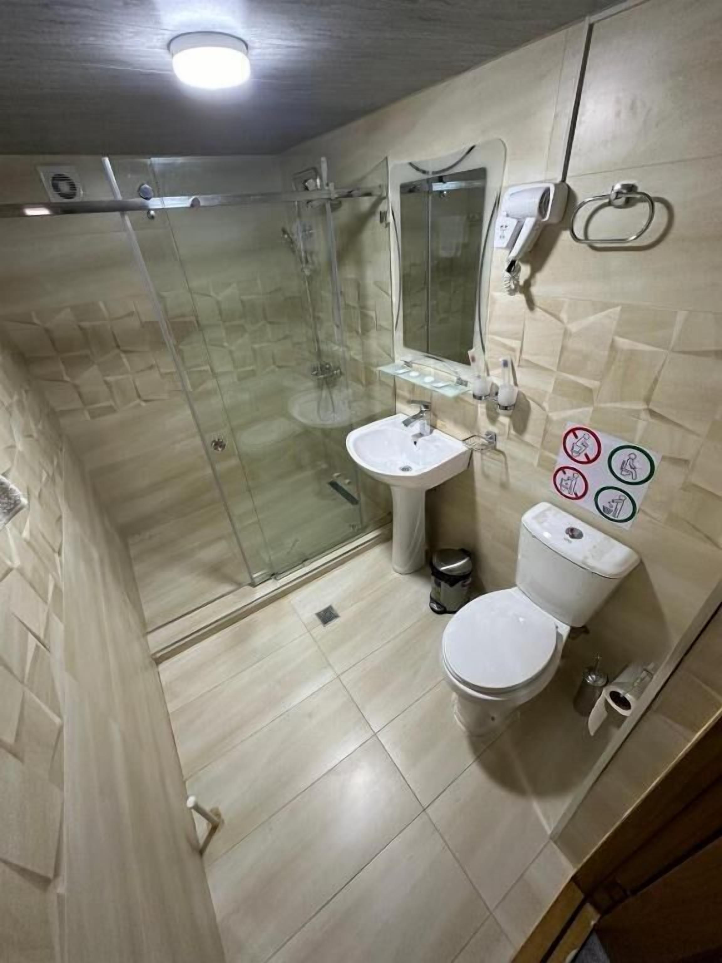 A bathroom with a glass shower enclosure, a pedestal sink, a toilet, and a mirror.