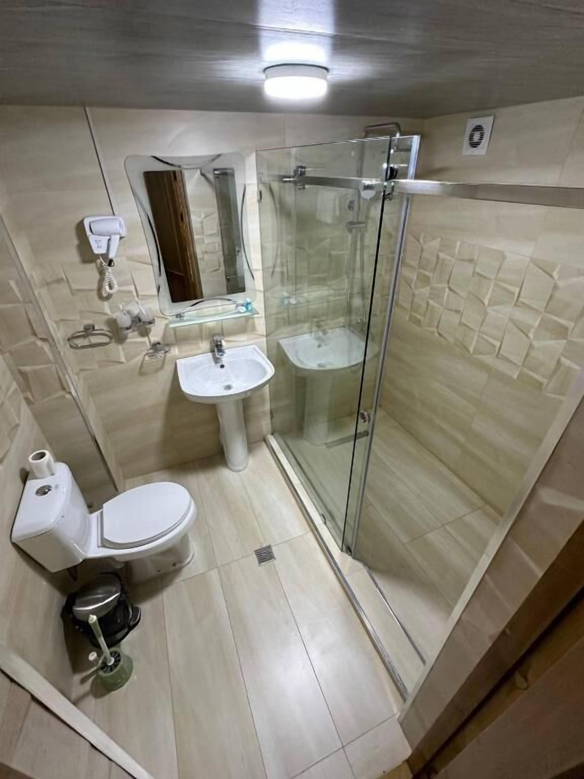 A bathroom with a toilet, sink, and glass-enclosed shower.