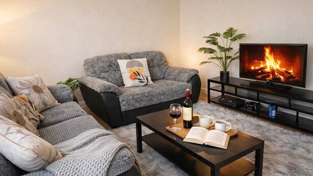 Ein Wohnzimmer mit einer Couch, einem Couchtisch mit einem Buch und Getränken, einem Fernseher und einem Kamin, sowie einer Pflanze.