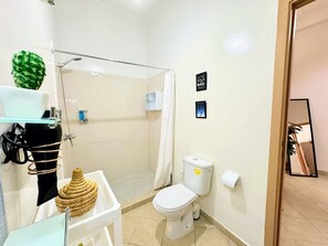 Et badeværelse med bruser, toilet og en glashyld med en flettet kurv.