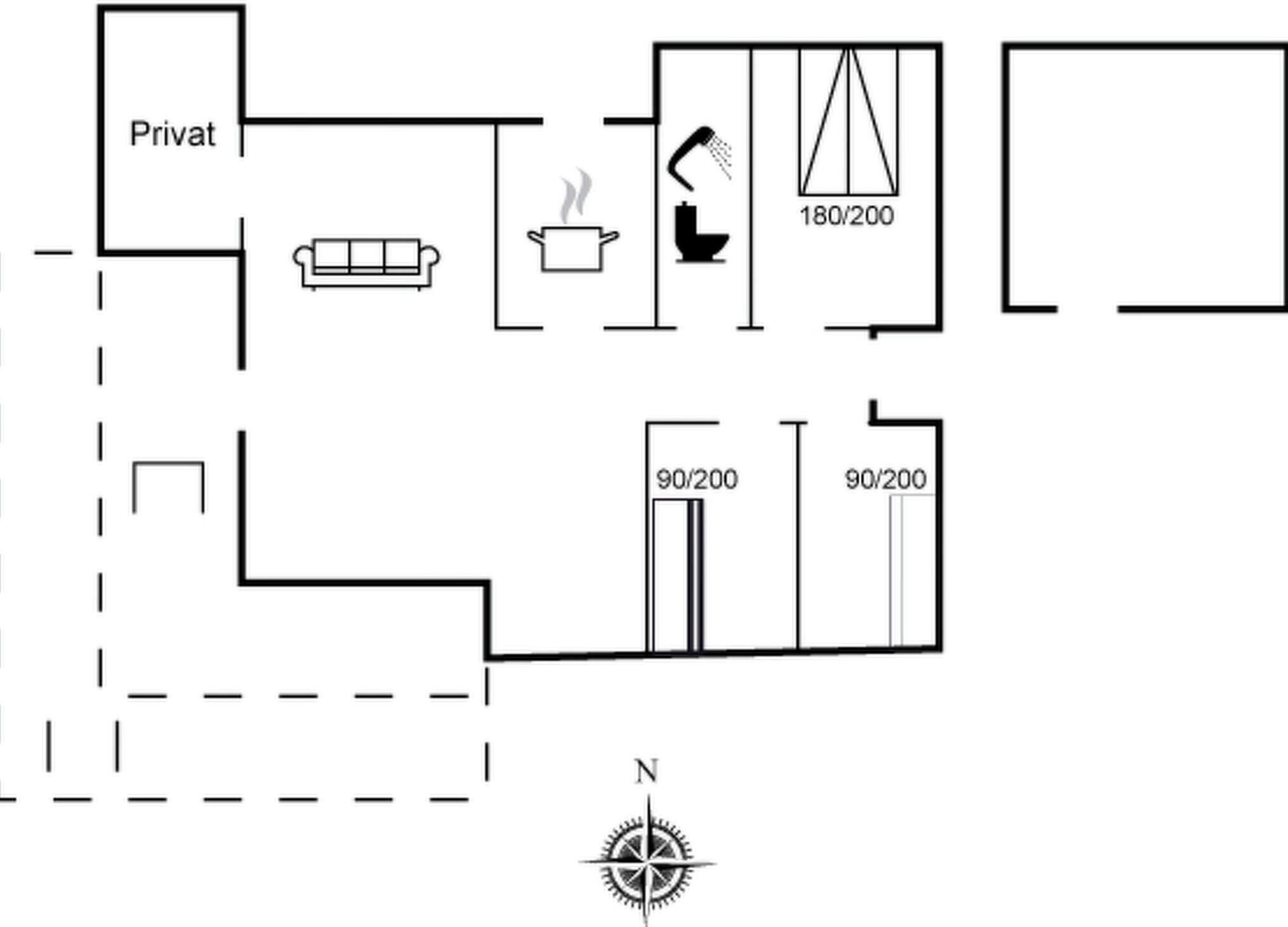 Grundriss eines Hotels mit privatem Raum, einer Küchenzeile, einer Dusche und einem Badezimmer mit einem 180/200 Fenster.