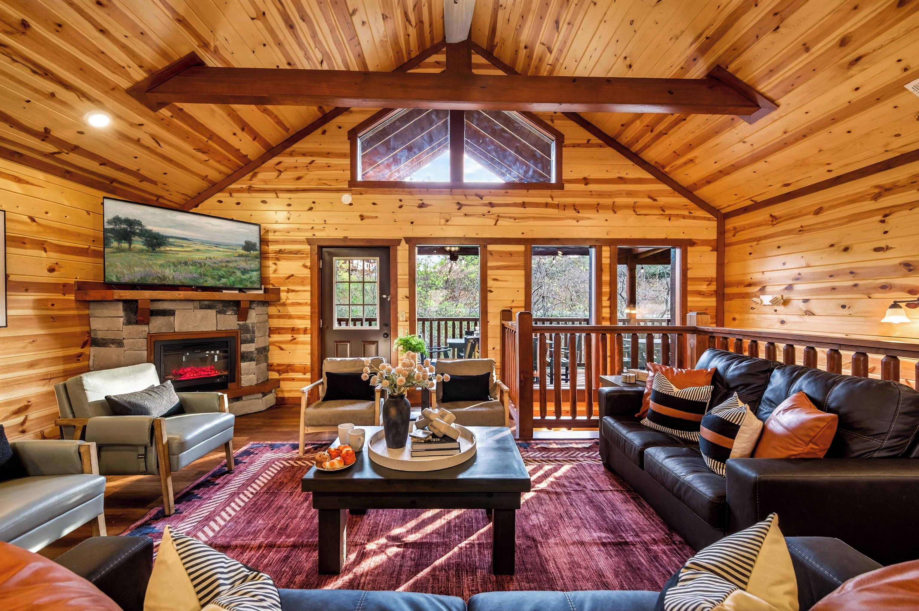 Superior Cabin, Mountain View | Living area | 43-inch Smart TV with digital channels, fireplace