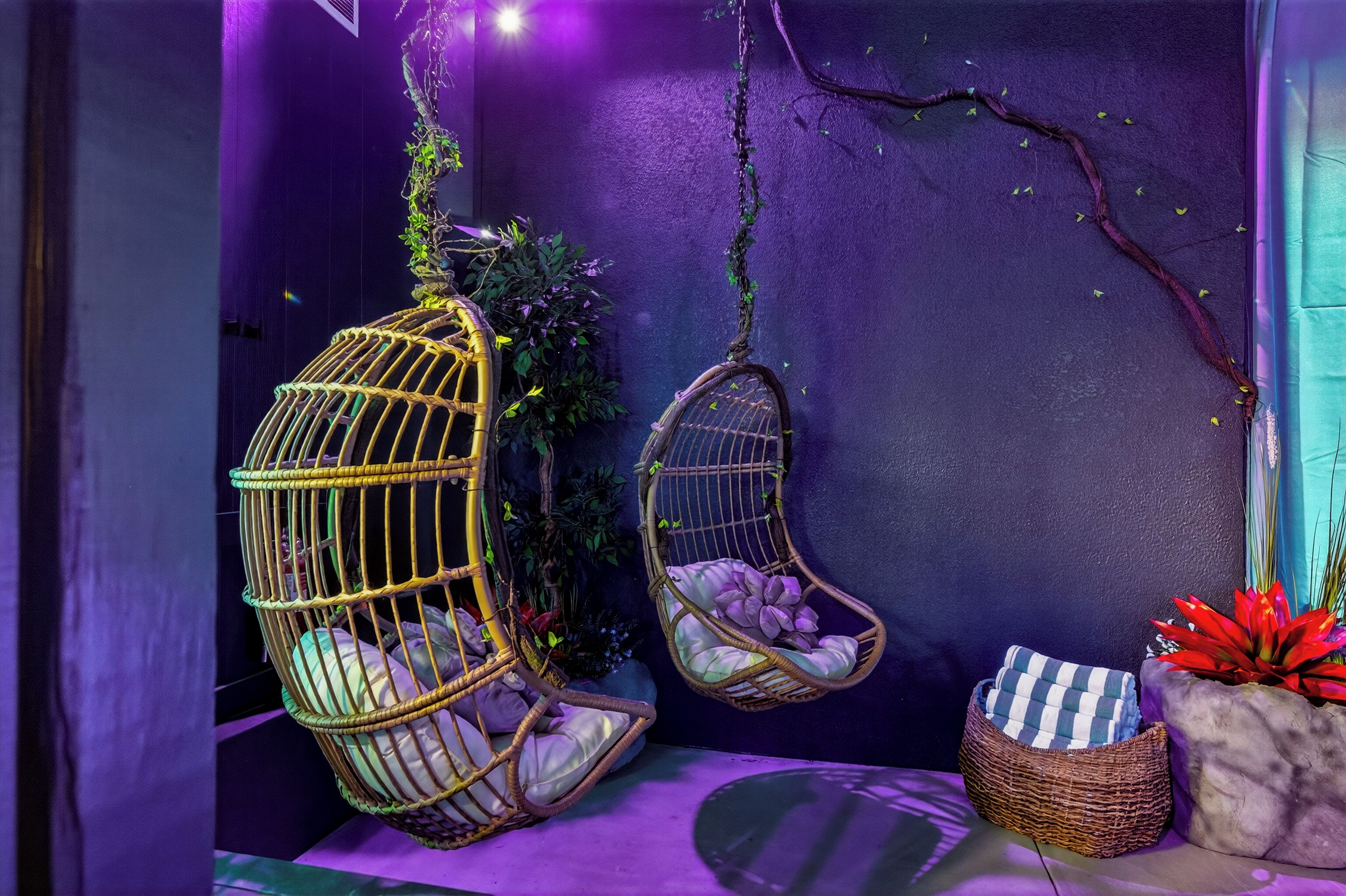 Two hanging chairs with cushions, a wicker basket, and a potted plant.