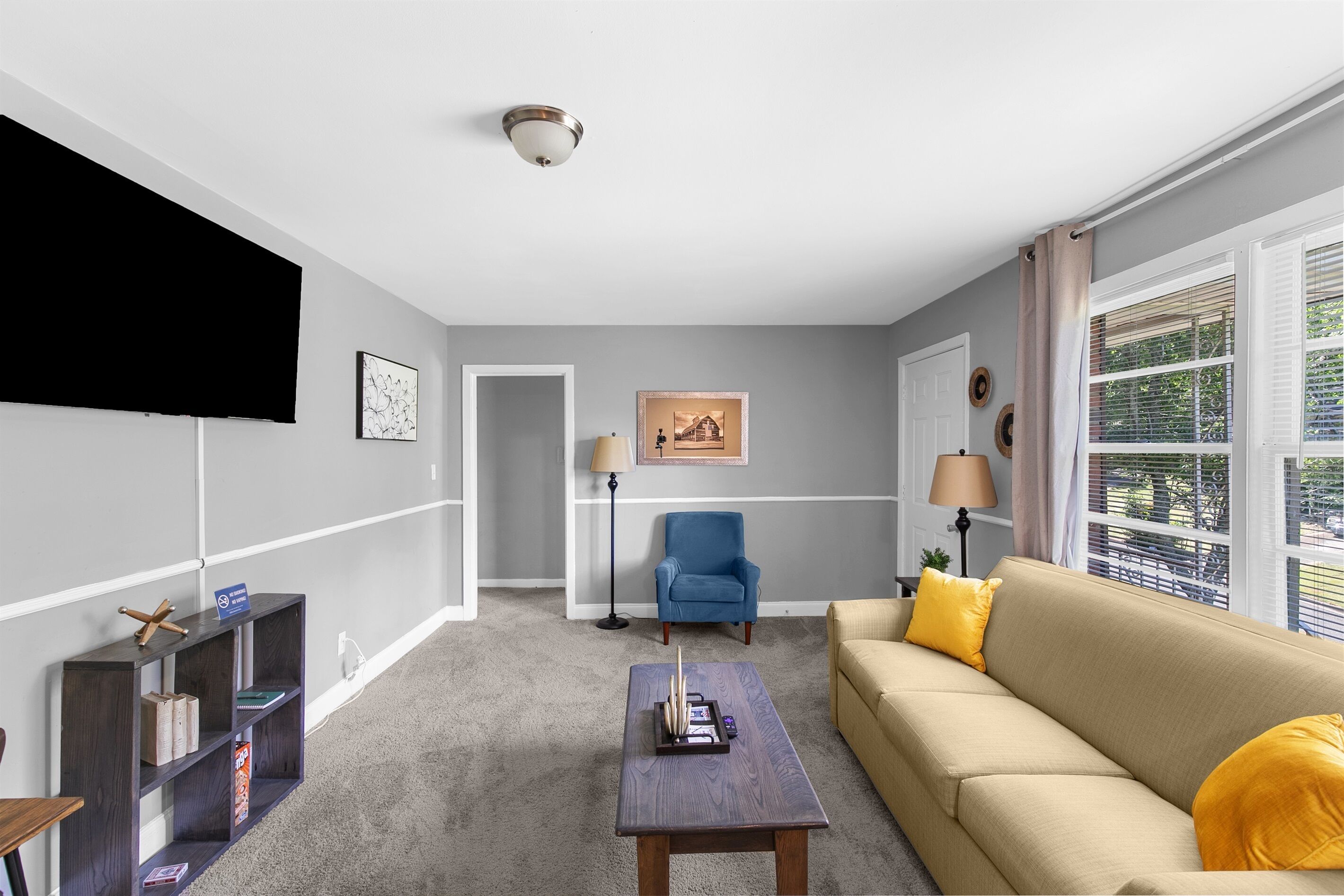 A living room with a sofa, coffee table, and a television.