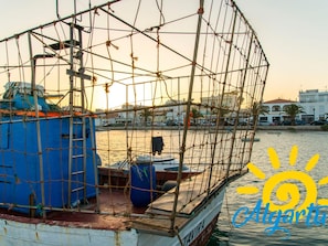 A boat with a net enclosure, a blue structure, and the name 'TAVIRA' on its side. - Apartamento T0 Vista Mar Vista Ria Formosa (Cabanas de Tavira)