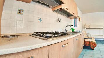Fridge, stovetop, highchair, cookware/dishes/utensils