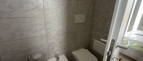 Shower, hair dryer, towels