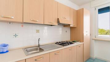 Fridge, stovetop, highchair, cookware/dishes/utensils