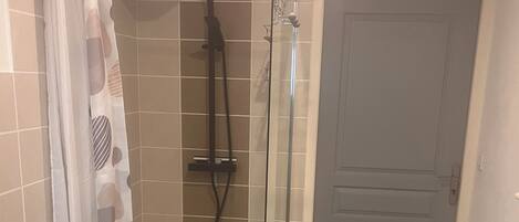 Hair dryer, towels, soap, toilet paper