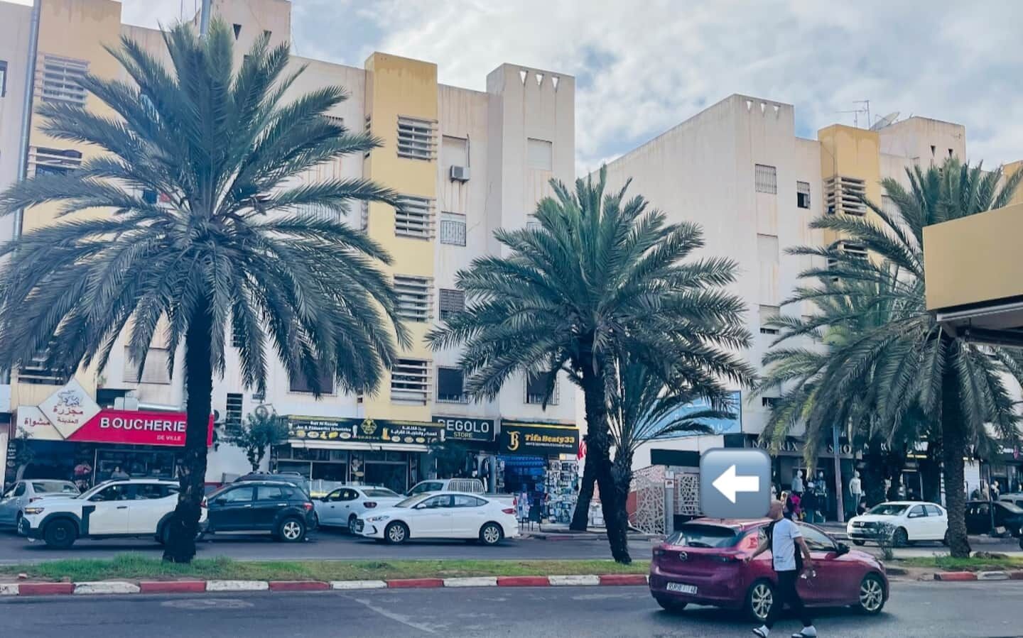 A street with palm trees, parked cars, and buildings with shops.