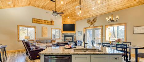Smart TV, fireplace, books