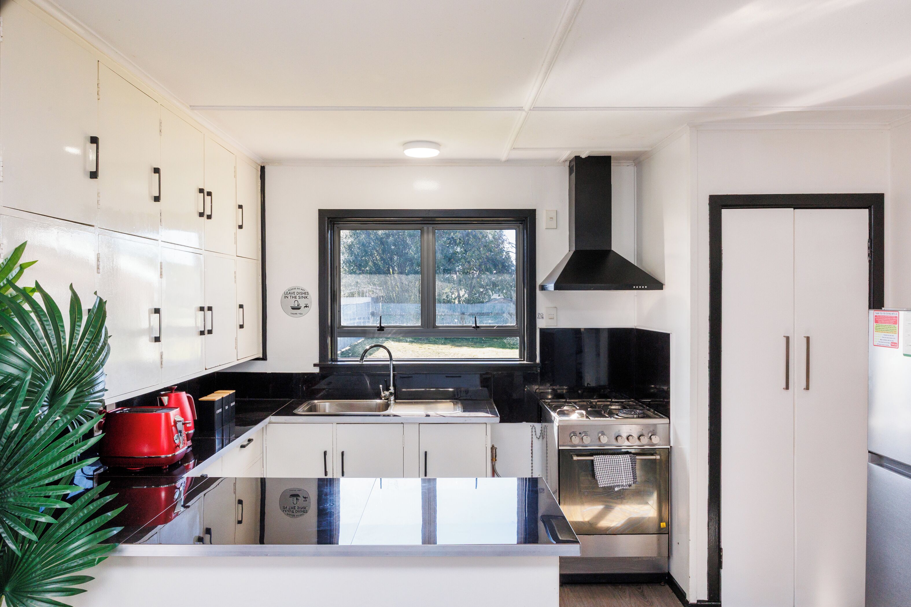 Fridge, microwave, toaster, cookware/dishes/utensils