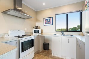 Fridge, microwave, toaster, cookware/dishes/utensils