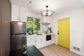 Fridge, microwave, coffee/tea maker, electric kettle