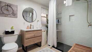Shower, hair dryer, shampoo