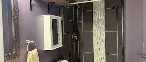 Hair dryer, towels, soap, toilet paper