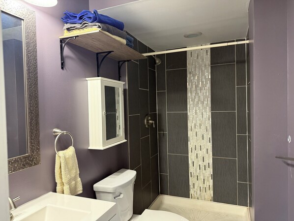 Hair dryer, towels, soap, toilet paper