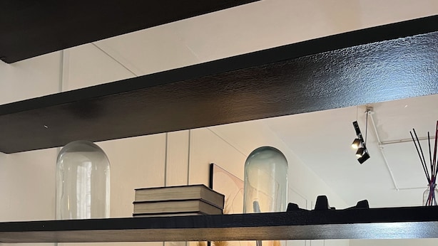 Un interior moderno con una estantería negra, una cúpula de cristal, un libro y una estatua.