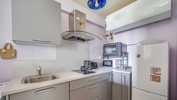 Une cuisine compacte équipée d’un évier, d’une cuisinière, d’un four à micro-ondes et d’un réfrigérateur.