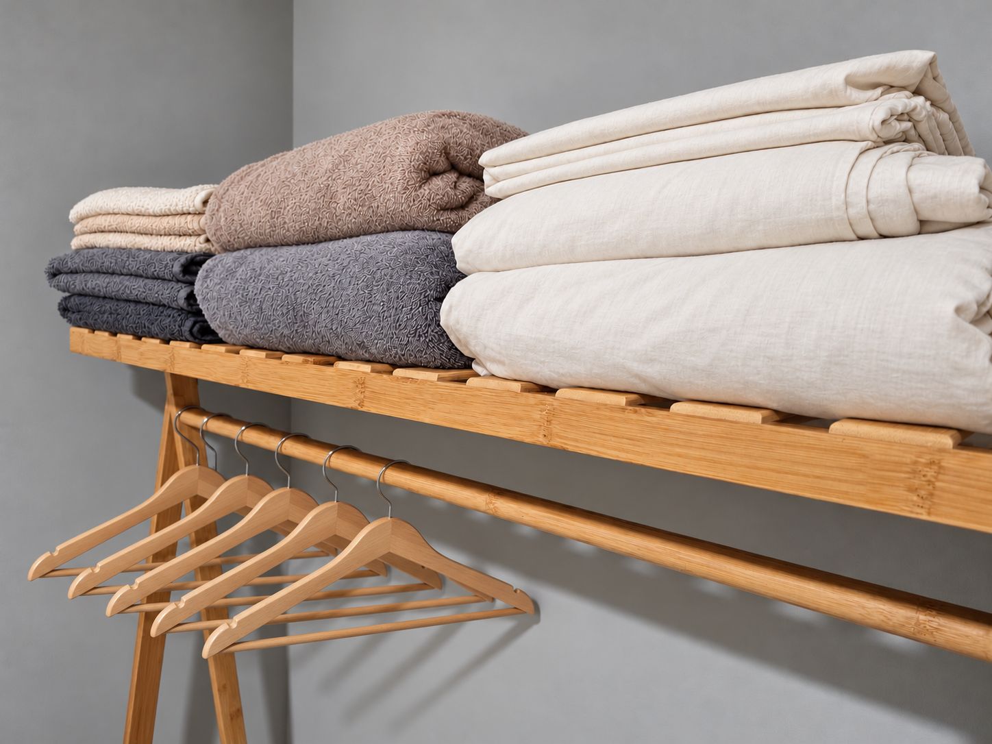 A wooden shelf with folded towels in various colors.