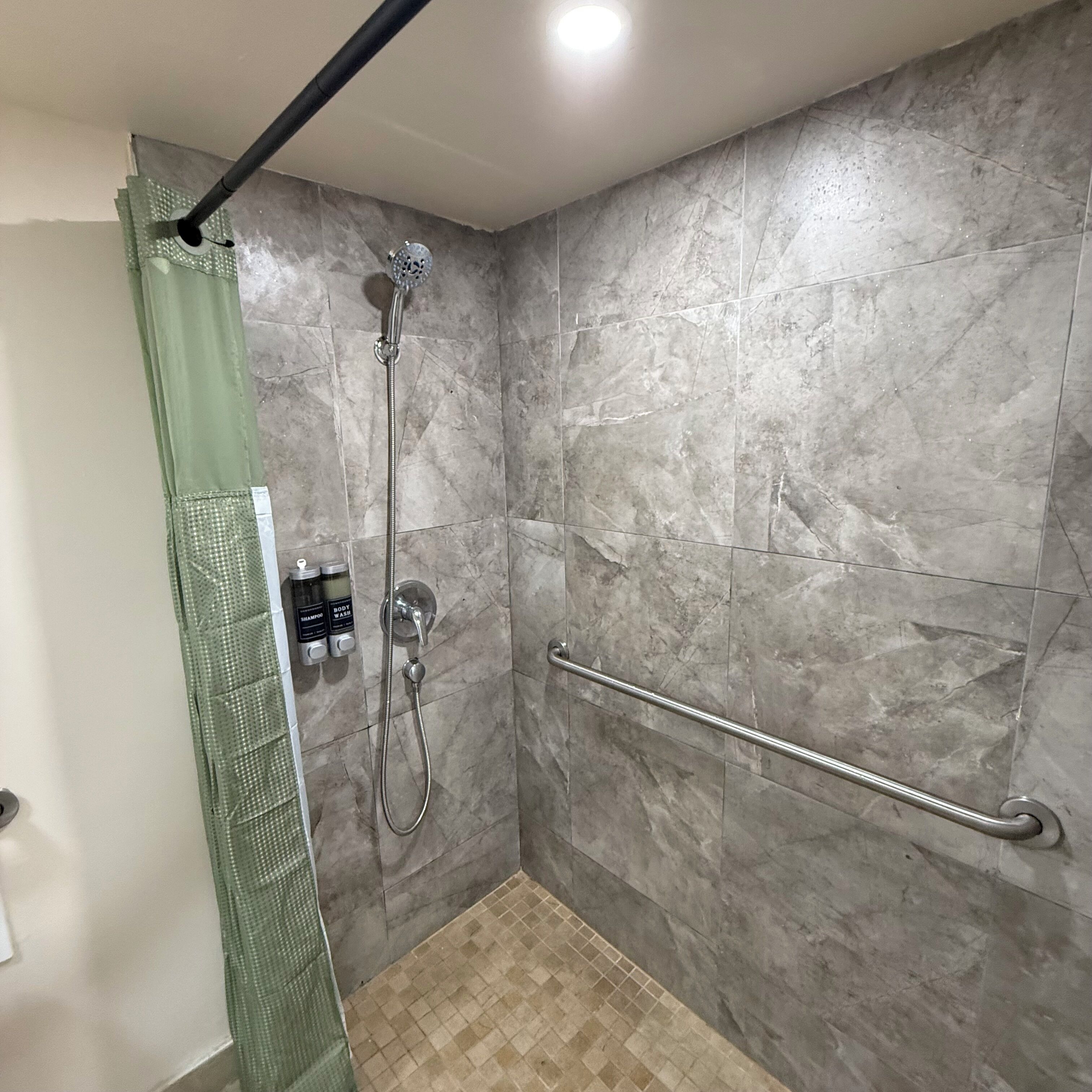 Shower, towels, soap, shampoo