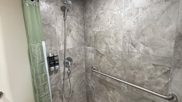 Shower, towels, soap, shampoo